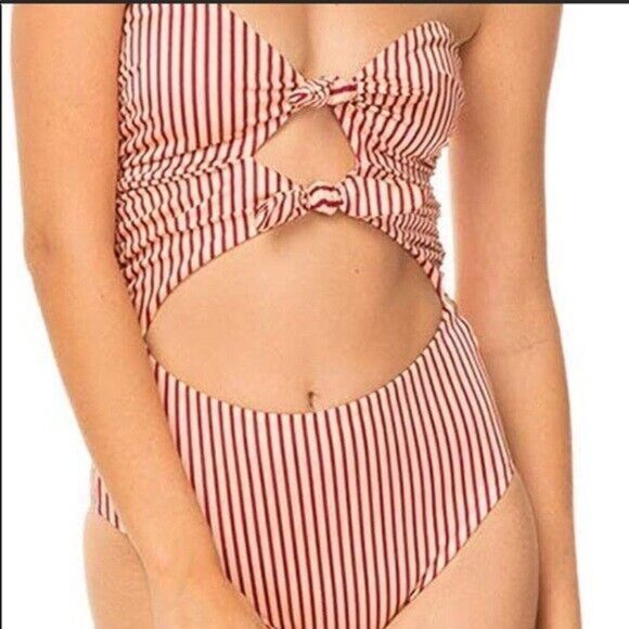 TORI PRAVER 1R19SOROST ROUX 1-PIECE CUTOUT BANDEAU BIKINI TIE FRONT HALTER GOLD - Picture 3 of 12